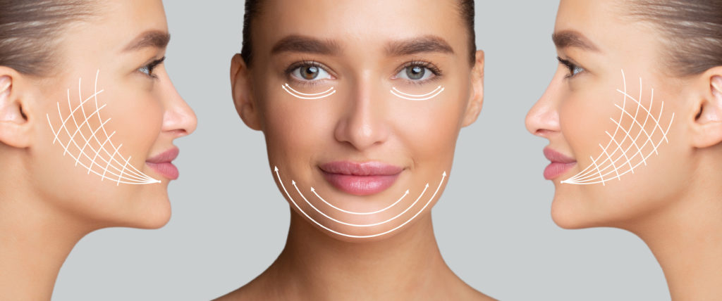 headshot of the same woman appearing in the middle and again on each side of the photo where different areas of her face of covered in computer generated white procedure marks